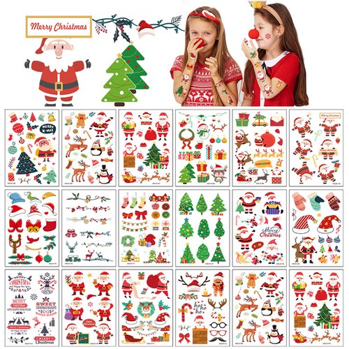 TopFunny Christmas Temporary Tattoos for Kids, 16 Sheets Santa Claus Tattoo Stickers Christmas Fake Tattoo Face Snowman Makeup Decals Gifts for Christmas Party Decorations Supplies