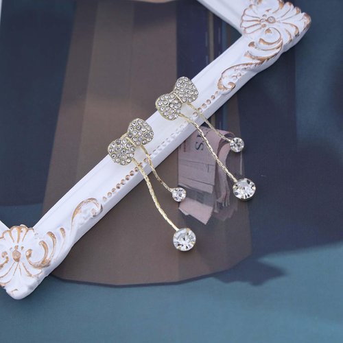 Sttiafay Vintage Crystal Bow Chain Drop Earrings Long Rhinestone Chain Earrings Cz Chain Tassel Earrings Gold Bowknot Stud Earrings Jewelry for Women