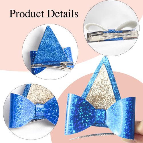 IKUHRMO 6 PCS Blue Ears Hair Clips, Glitter Bow Hair Barrettes Hair Accessories for Kids Halloween Costume Cosplay Theme Party Supplies Birthday Decorations