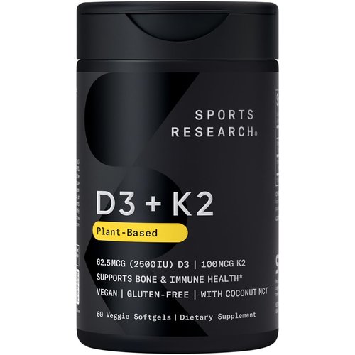Sports Research® Vitamin D3 + K2 w/Coconut Oil - Vegan Vitamin D 2500iu & Mk7 Vitamin K 100mcg for Bone & Immune Support - Vegan Certified · Non-GMO · Soy Free - 60 Softgels