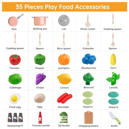 JokerKing 35Pcs Kids Kitchen Toy Accessories, Toddler Pretend Cooking Playset with Play Pots and Pans, Utensils Cookware Toys, Play Food Set, Toy Vegetables, Learning Gift for Girls Boys (Pink)