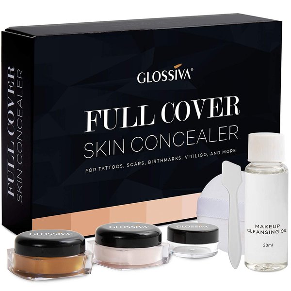 Glossiva Tattoo Concealer - Skin Concealer - Waterproof - For Dark Spots, Scars, Vitiligo, And More - Tattoo Cover-Up Makeup - Use on Body, For Legs, for Men and Women (248.9g)