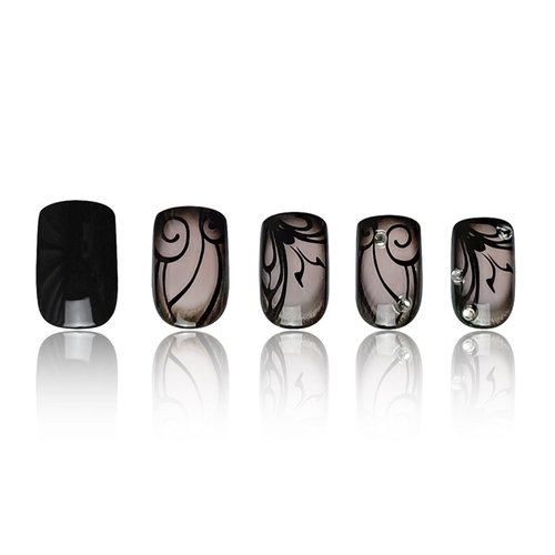 Black Curve Line Press on Nails with Dark Vine Design, Glossy Black Ins Medium Square False Nails Gel Glue on Nails, Rhinestones Manicure Art Acrylic Fake Nails Stick on Nails for Women Girls 24Pcs
