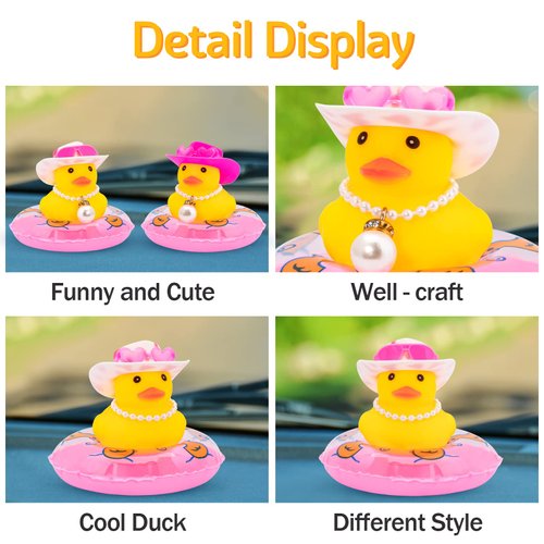 wonuu Car Dashboard Decorations Pink Cowboy Duck, Rubber Ducks for Car Ornament Accessories with Color Sunglasses Cowboy Hat Pearl and Swim Ring, AX_Pink Spot Cowboy Hat_Preal B_Duck