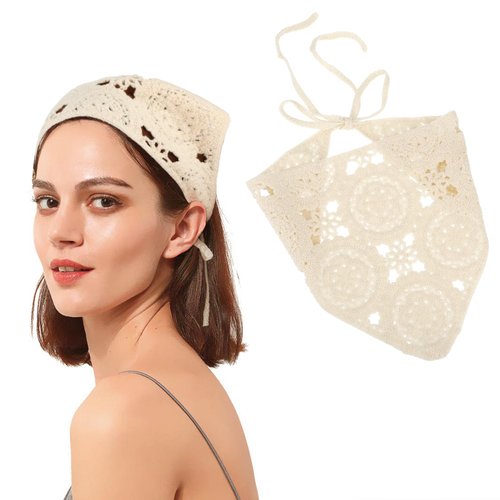 Nogeqi Floral Crochet Headbands for Women, Vintage Crochet White Bandana Headband, Tie Knotted Hair Coverings Accessories Cotton Head Scarf for Hair Styling Decor (1Pcs)