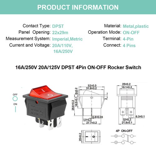 QTEATAK 2Pcs AC 20A/125V 15A/250V DPST 4 Pins 2 Position ON/Off Boat Rocker Toggle Switch with Red LED Light