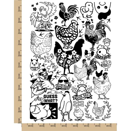 Clucky Chickens Hens Rooster Temporary Tattoo Water Resistant Fake Body Art Set Collection - Black (One Sheet)