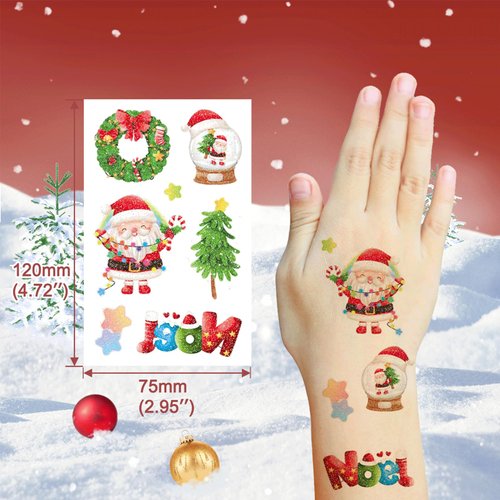 Fanoshon 16 Sheets Glitter Christmas Temporary Tattoos for Kids Birthday Party Favors, Christmas Sparkly Winter Holiday Body Decoration Tattoo Stickers for Boys and Girls Goodie Bag Stocking Stuffers