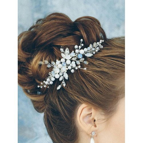 Kercisbeauty Wedding Blue Crystal Rhinestones Silver Headband for Brides Bridal Headpiece Prom Hair Accessories Rustic Wedding Updo Hair Dress for Women