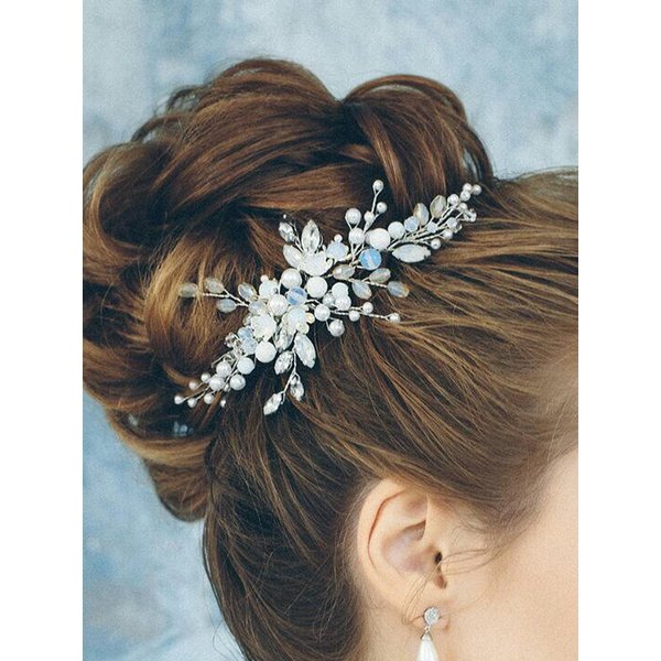 Kercisbeauty Wedding Blue Crystal Rhinestones Silver Headband for Brides Bridal Headpiece Prom Hair Accessories Rustic Wedding Updo Hair Dress for Women