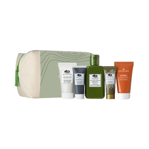 Origins Best Sellers Set for Women - 5 Pc 1oz Checks Face Wash, 3.8oz Lotion, 0.5oz Clear Charcoal Face Mask,1.62oz Serum, 1.69oz Moisturizer