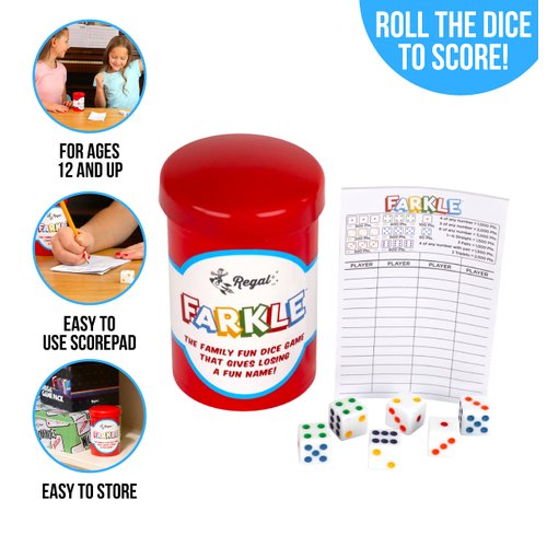 Regal Games - Farkle Classic Dice Game w/ 6 Colored Dice, 1 Convenient Dice Cup for Easy Shaking, and 25 Score Sheets - Fun Family Game for Travel, Camp, and More - Ideal for 2-4 Players (Ages 12+)