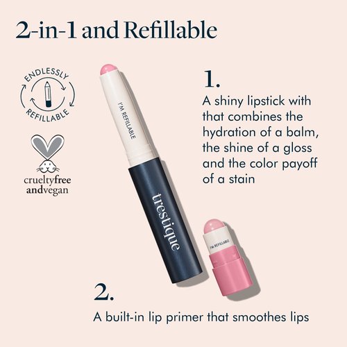 TRE'STIQUE Prime And Shine Lip Crayon, Refillable Shiny Lipstick With Built-in Lip Primer, Clean Beauty Makeup Lipstick, Lipstick For Women, 2-in-1 Glossy Lipstick and Lip Primer