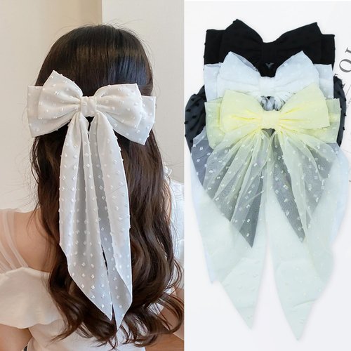 GOORAIFU Hair Bows for Women, 3pcs Black White Beige Hair Clips Girls, Hair Barrettes with Long Tail Chiffon Ribbons Cute Hair Accessories