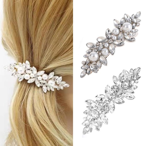 2Pcs Rhinestone Hair Clips Flower Hair Barrettes Sparkly Glitter Crystal Pearl Hair Clips Barrettes Crystal Beads French Hairpin Shiny Decorative for Women Girls Bridal Hair Accessories