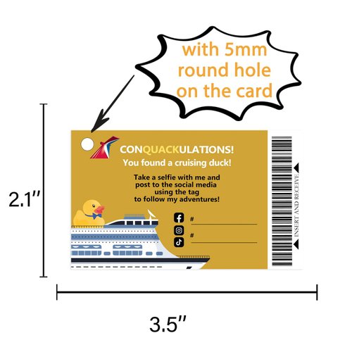 Cruising Duck Tags: Carnival Cruise Line Gold Sailing Card, Rubber Duck tag, 2x3.5" Business Card Size, with Hole and Rubber Bands(50pack)