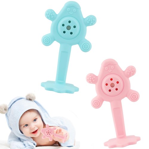 Fu Store Baby Rattles Toys 2 Pack Infant Grab Shake Flexible Rattle Chew Teething Toy Sensory Development Silicone Teethers for Newborn Babies Infant Boys Girls (Blue&Pink)