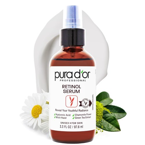 PURA D'OR 3.3 Oz Retinol Serum For Nighttime - Advanced PM Skin Care Formula - Anti-Aging Wrinkle Reducer for Radiant Skin - Natural Vitamin A & Collagen Booster - Fine Lines Treatment - Travel Size
