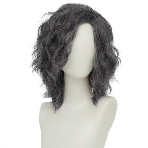 Beweig Mens Grey Wig Shoulder Length Curly Gray Hair Wig Side Part Layered Halloween Cosplay Costume Wig for Male