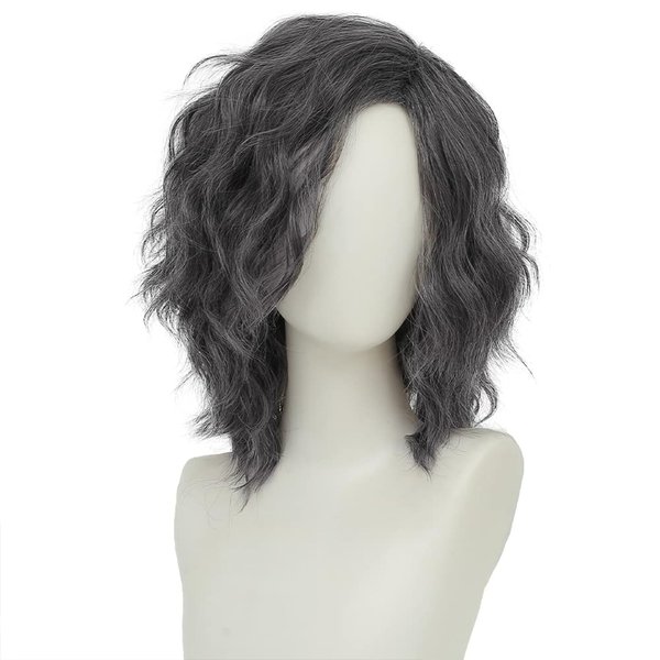 Beweig Mens Grey Wig Shoulder Length Curly Gray Hair Wig Side Part Layered Halloween Cosplay Costume Wig for Male