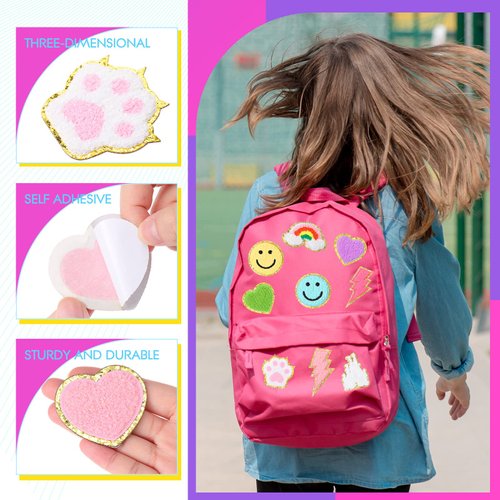 Yilloog 40 Pcs Self Adhesive Chenille Patches Colorful Cute Chenille Embroidered Patches Glitter Chenille Patches Sticker Applique for Clothing Fabric Jacket DIY Backpack Repair Decor(Cute)