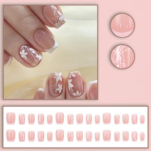 ZASKHLD French Tip Press on Nails Short Square Fake Nails Glossy White Flower Coffin False Nails Nude Pink Full Cover Glue on Nails Cute Floral Designs Artificial Acrylic Nails for Women Girls 24Pcs