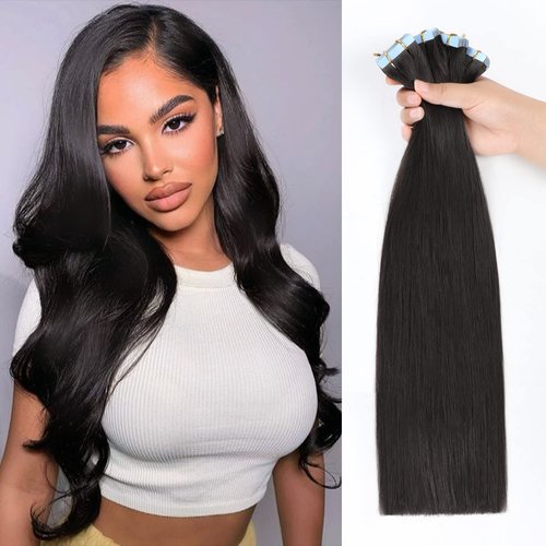 JESSBO Tape in Hair Extensions Human Hair Straight Natural Black 100% Brazilian Remy Human Hair 16 inch 20pcs 40g/pack Seamless Skin Weft Tape in Extensions for Women (16 Inch #1B Natural Black)