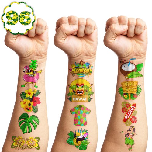 100 PCS Hawaiian Tattoos Birthday Party Decorations Supplies Favors Tiki Hawaii Luau Temporary Tattoos Flower Tropical Summer Beach Aloha Palm Decor Stickers Accessories Gift School Prizes Rewards