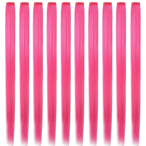 LSKJMO 10PCS Pink 21 inch Colorful Party Highlights Clip in Colored Hair Extensions Multicolor Straight Synthetic Hairpieces for Women Kids Girls