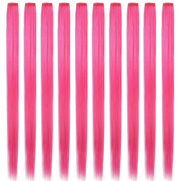 LSKJMO 10PCS Pink 21 inch Colorful Party Highlights Clip in Colored Hair Extensions Multicolor Straight Synthetic Hairpieces for Women Kids Girls