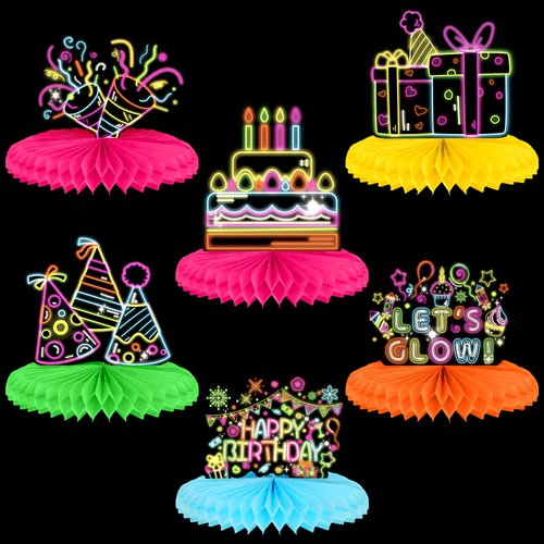 Chinco 6 Pcs Glow Party Birthday Centerpieces Neon Birthday Decorations Honeycomb Birthday Center...