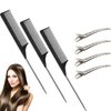 3 Pcs Rat Tail Combs Carbon Fiber Teasing Combs Stainless Steel Pintail Comb Heat Resistant Teasing Comb with 6 Pcs Metal Alligator Curl Clips (Black)