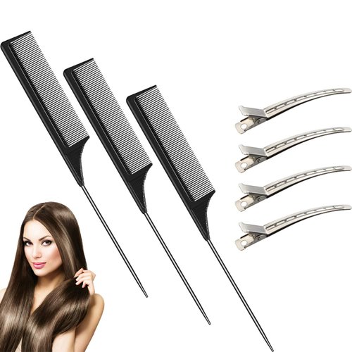 3 Pcs Rat Tail Combs Carbon Fiber Teasing Combs Stainless Steel Pintail Comb Heat Resistant Teasing Comb with 6 Pcs Metal Alligator Curl Clips (Black)