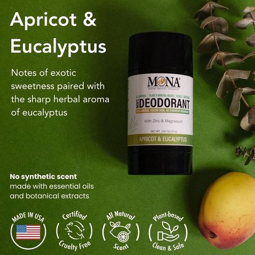 All Natural Deodorant for Men Aluminum Free | Hypoallergenic Men's Deodrant, Magnesium Deodorant for Sensitive Skin | Absorbs Sweat | Won’t stain clothes | By MONA Brands (Apricot Eucalyptus 2.65 Oz)