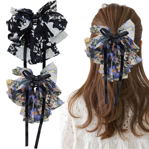Capiant 2 PACK Big Bowknot Chiffon Hair Claw Clips, Floral Ponytail Clips, French Style Hair Accessories for Women Party Wedding Daily Wear