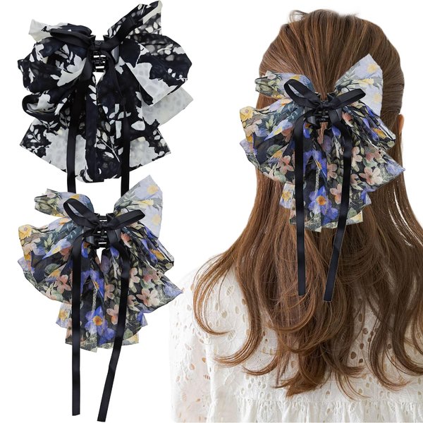 Capiant 2 PACK Big Bowknot Chiffon Hair Claw Clips, Floral Ponytail Clips, French Style Hair Accessories for Women Party Wedding Daily Wear
