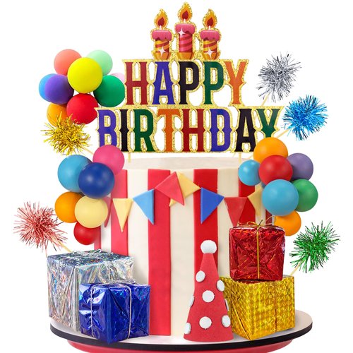 34PCS Happy Birthday Cake Toppers Colorful Cupcake Cake Toppers with Balls Cake Topper Decorations for Boys and Girls Birthday Party Supplies Decorations Baby Showers Supplies