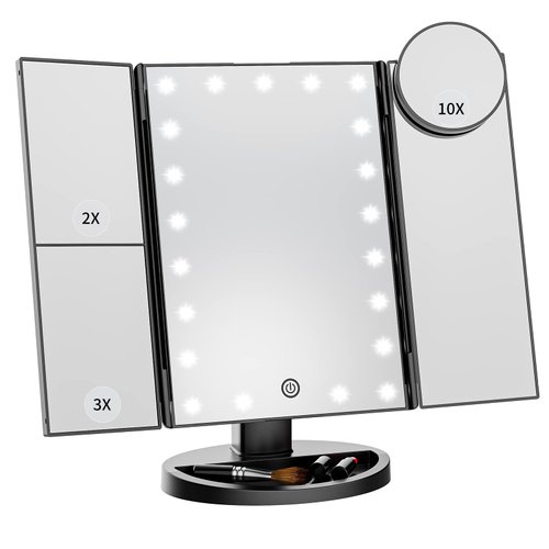Makeup Mirror Vanity Mirror with Lights, Lighted Makeup Mirror with 2X 3X 10X Magnification, 21 LED Trifold Compact Mirror, Touch Dimming Light Up Mirror, Dual Power Supply, Gifts for Women (Black)