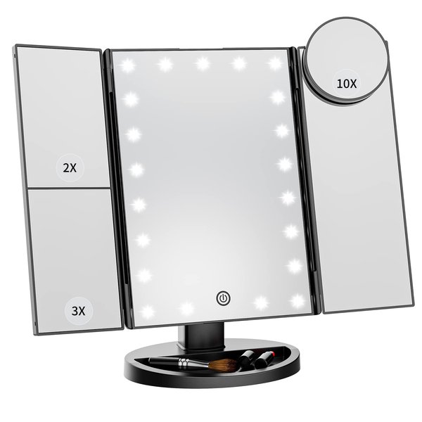Makeup Mirror Vanity Mirror with Lights, Lighted Makeup Mirror with 2X 3X 10X Magnification, 21 LED Trifold Compact Mirror, Touch Dimming Light Up Mirror, Dual Power Supply, Gifts for Women (Black)