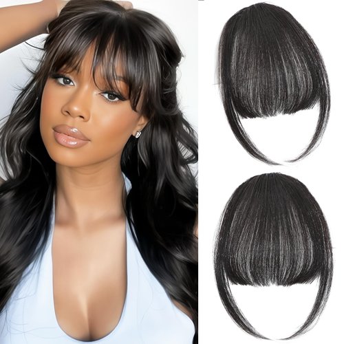 Cesomeey Clip in Bangs 100% Real Human Hair, Wispy Bangs Hair Clip, Hair Bangs Clip in Human Hair, Fake Bangs Fringe with Temples Hairpieces, Clip on Bangs for Women Daily (Natural Black, Wispy Bangs)