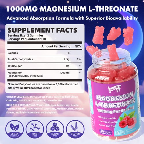 2 Pack Magnesium L-Threonate Gummies 1000mg - Supplement for Kids & Adults, Muscle & Nervous System Support, Non-GMO, Sugar-Free, Raspberry Flavor, 120 Gummies