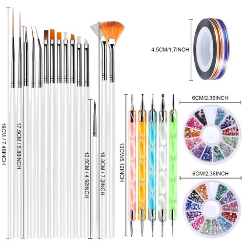 Teenitor Nail Art Brushes,3D Nail Art Paiting Polish Design Kit with 15 Nail Gel Brushes, Nail Dotting Pen 5pcs, 12 Colors Nail Rinestones 10 Adhesive Nail Striping Tape for False Acrylic Nails White