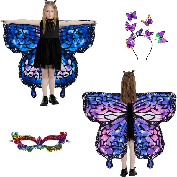 plainshe Halloween Costumes for Girls，Double Sided Butterfly Wings, Kids Fairy Wings Blue，3PCS Butterfly Costumes Set.