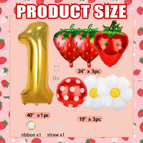 NANAGALI 7Pcs Berry First Party Decorations, 40" Gold One Balloon for First Birthday Decorations Sweet One Strawberry 1st Berry First Birthday Decor Foil Helium Balloons for Girls