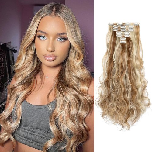 Yekartary Clip in Hair Extensions 7PCS 24 Inch Long Wavy Curly Hairpieces Thick Weft Synthetic Wi...