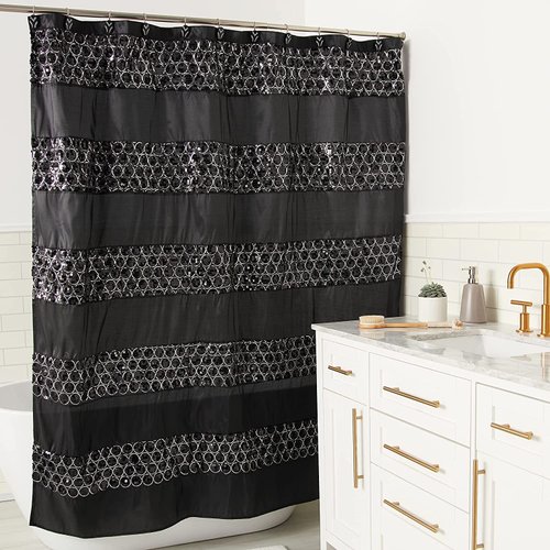Popular Bath Sinatra Bathroom Shower Curtain Luxury Glamorous Fabric shower curtain modern shower curtain unique Design Bling Black Shower Curtain Black, size 72 x 70