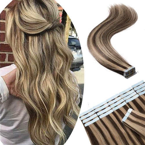14 Inch Tape in Hair Extensions Human Hair 80g 40pcs Highlight #4/27 Medium Brown Mix Dark Blonde Long Straight Seamless Skin Weft Glue in Human Hairpieces Balayage 2 Tones for Women