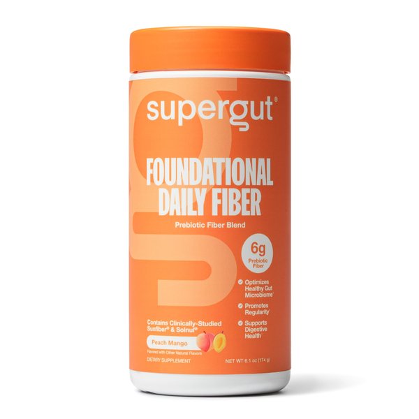 Supergut Foundational Daily Fiber Powder, Sugar Free & Vegan Prebiotic Fiber Blend for Gut Health & Digestive Support, Supplement for Men & Women with Solnul & Sunfiber, Peach Mango, 18 Servings