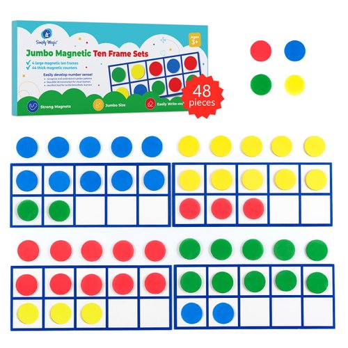 48 PCS Magnetic Ten Frames - Math Manipulatives for Elementary Classroom & Kindergarten - 4 Ten Frames & 44 Magnetic Math Counters for Kids, Math Games for Kindergarten - Jumbo Magnetic Ten Frame Set
