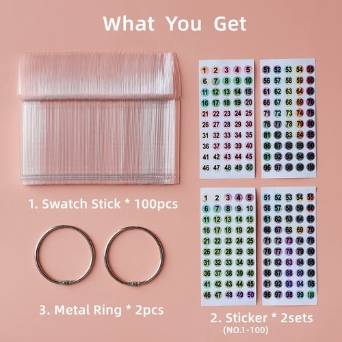 100pcs Nail Swatch Sticks with Number Stickers Nail Color Display Stiletto Tips Clear Nail Sample Sticks with Ring Practice Nail Tips Nail Supplies for Nail Techs Professional Nail Salon